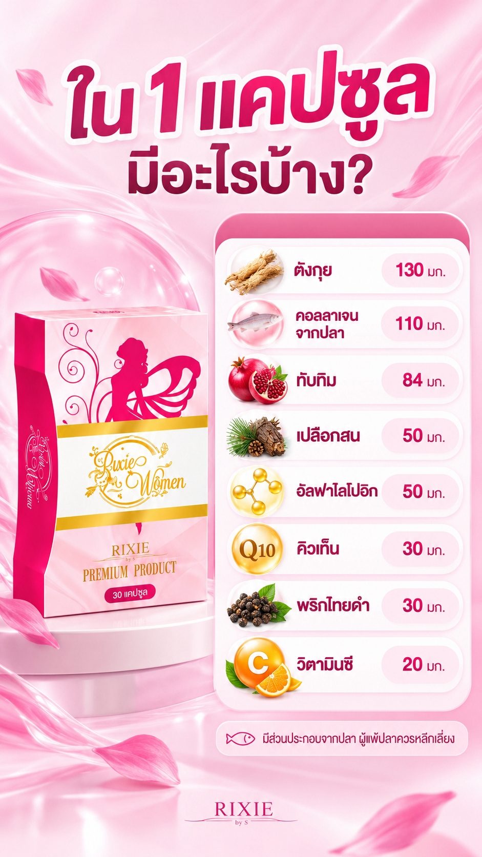ส่วนประกอบริกซี่ 8 สารสกัดในแคปซูลเดียว ตังกุย คอลลาเจนจากปลา ทับทิม เปลือกสน พริกไทยดำ โคเอนไซม์คิวเท็น อัลฟาไลโปอิก วิตามินซี